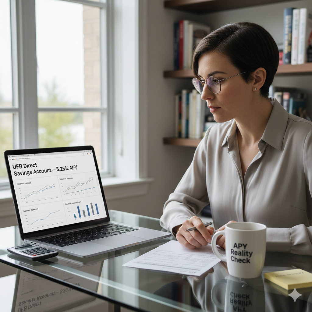 Woman reviewing UFB Direct savings account dashboard showing 5.25% APY on laptop — verifying rate with calculator and “APY Reality Check” mug nearby