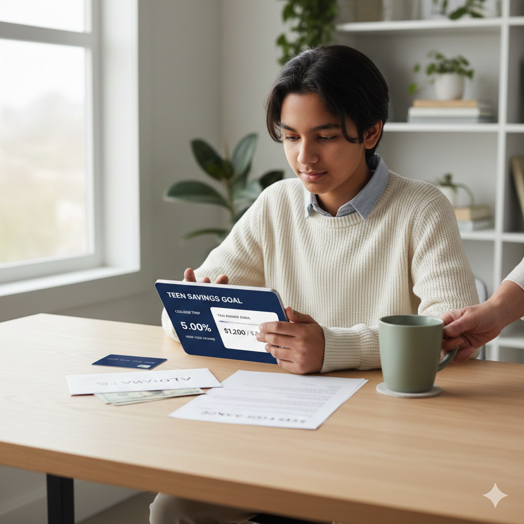 Teen reviewing a tablet showing “Teen Savings Goal” with 5.00% APY — learning smart saving habits with allowance and debit card nearby.