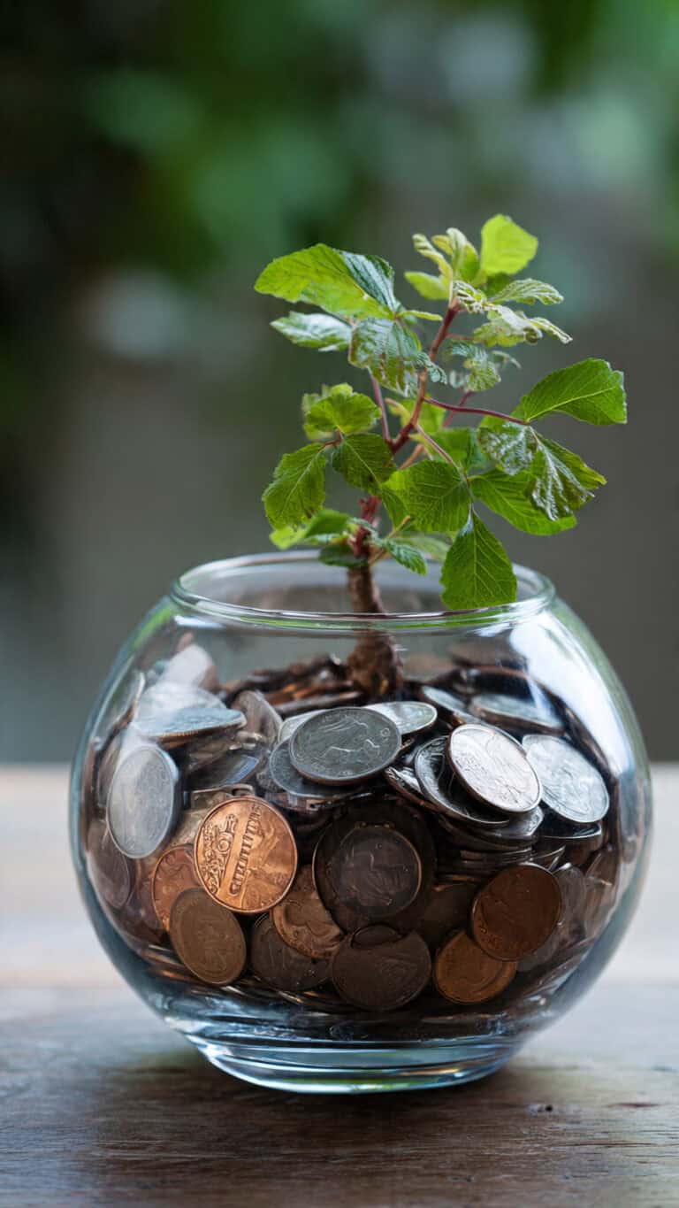 Growth of a money plant in a glass bowl filled with coins, sustainable investment concept, eco-friendly wealth growth.