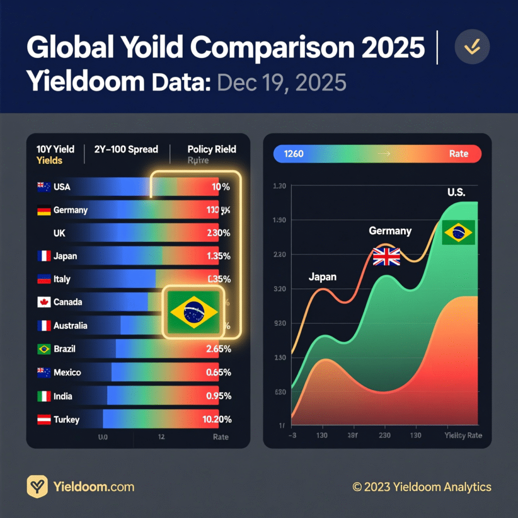 Global yield comparison 2025 infographic showing 10Y yields, 2Y-10Y spreads, and policy rates for USA, Germany, UK, Japan, Brazil, India, and Turkey. Heatmap and curve chart visualizing sovereign bond performance as of Dec 19, 2025 — by Yieldoom Analytics.