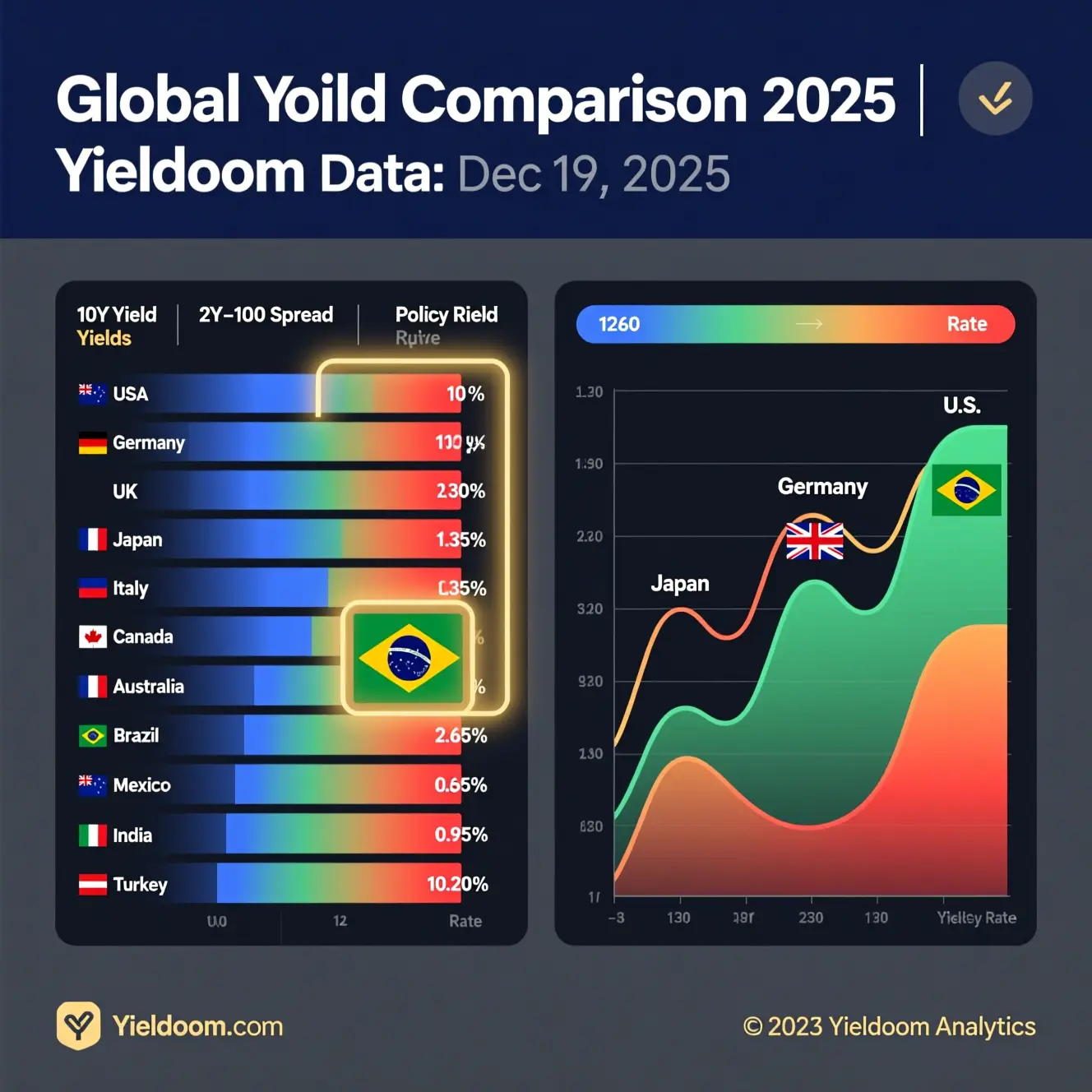 Global yield comparison 2025: 10Y yields, 2Y–10Y spreads, and policy rates for USA, Germany, Japan, Brazil, India & Turkey. Yield curve visualization with country flags. Data as of Dec 19, 2025 — by Yieldoom Analytics.