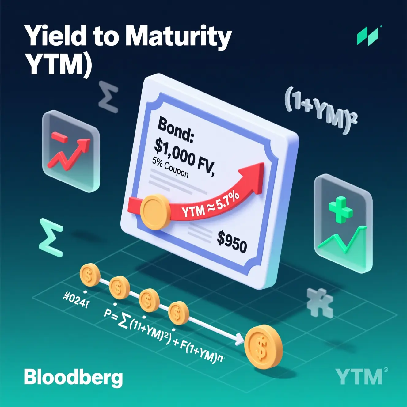 Yield to Maturity (YTM) explained: Bond with $1,000 face value, 5% coupon, trading at $950 discount delivers YTM ≈ 5.7%. Visualizes bond pricing, cash flow timeline, and YTM formula for smart fixed-income investing.