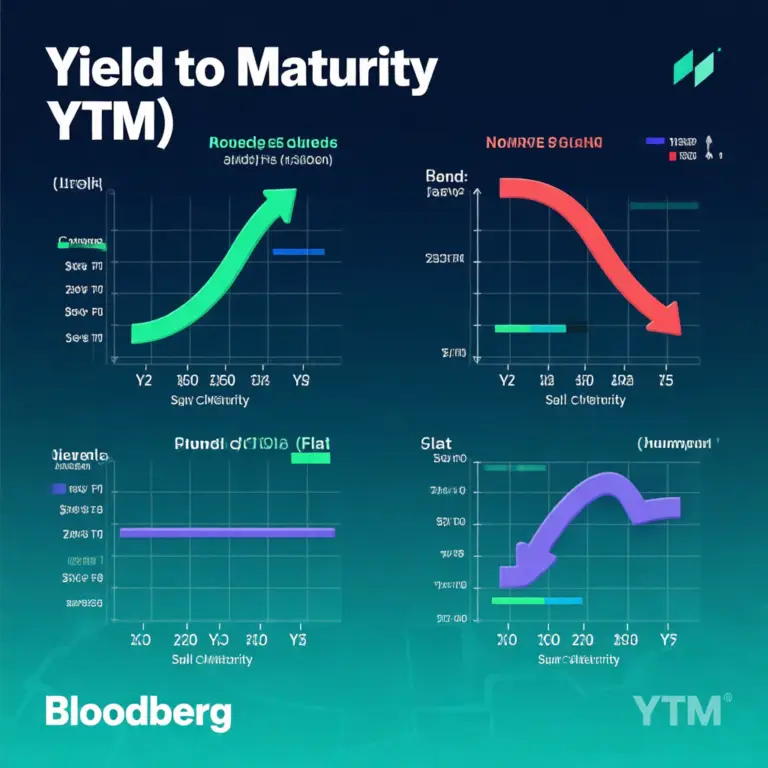 Four types of yield curve illustrated: normal (upward-sloping), inverted (downward-sloping), flat, and humped — visual guide to YTM (Yield to Maturity) by maturity period.