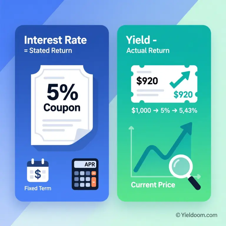 Comparison of yield vs. interest rate: interest rate is fixed at issuance, while yield changes with market price — essential for bond investors