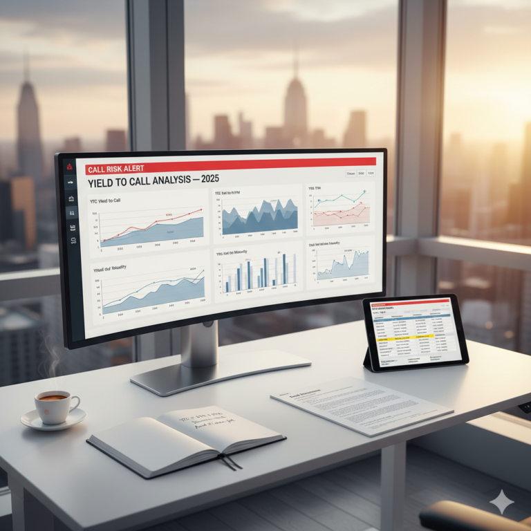 Yield to call analysis dashboard on monitor — comparing YTC vs YTM with risk alert graphics, bond documentation, and financial notes on minimalist desk