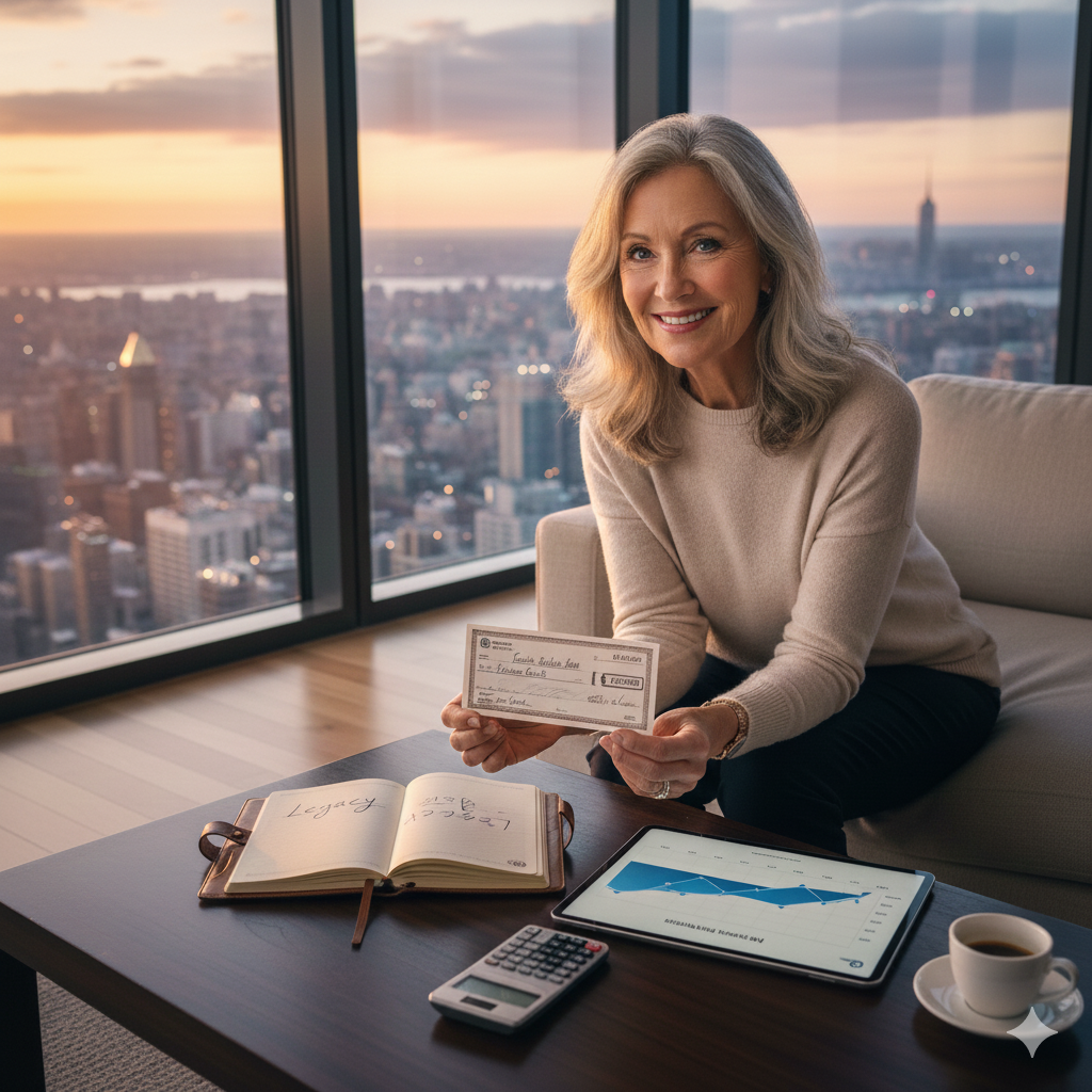A smiling senior woman sits in a high-rise luxury apartment at sunset, holding a financial check. On the coffee table in front of her are a calculator, a tablet displaying growth charts, a cup of coffee, and an open planner with the word "Legacy" written inside, illustrating the financial security and estate planning associated with retiring with too much money.
