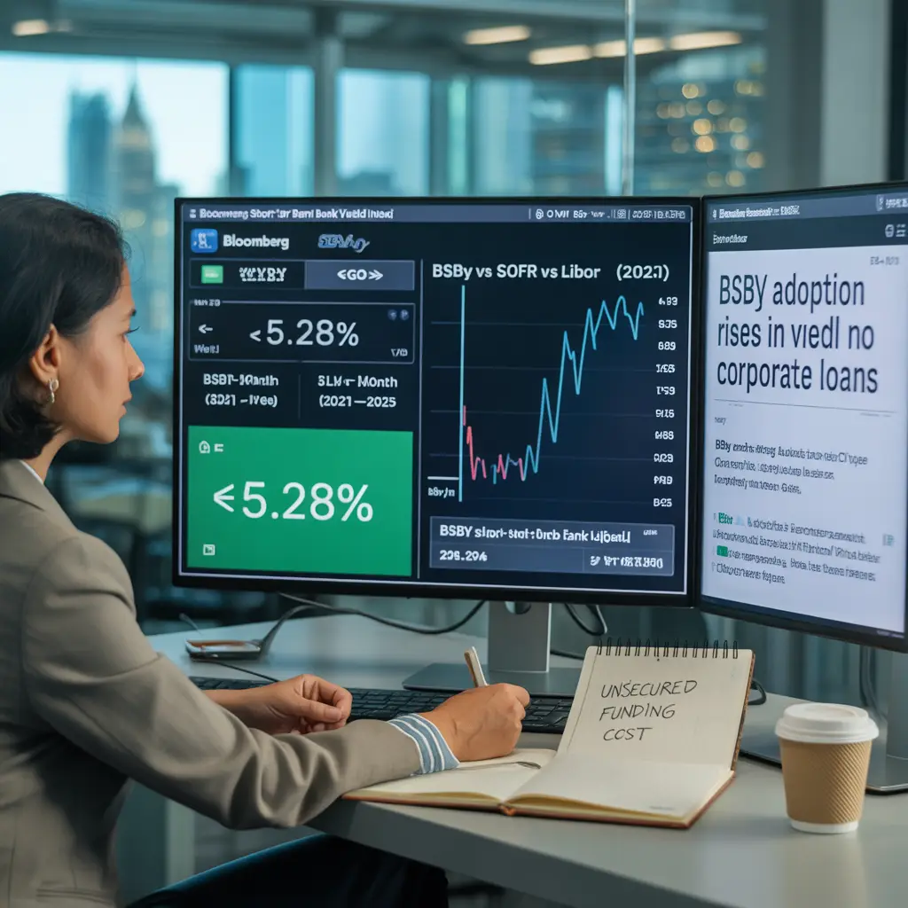 Financial analyst reviewing BSBY (Bloomberg Short-Term Bank Yield Index) data on Bloomberg Terminal, comparing BSBY vs SOFR vs LIBOR for corporate loan pricing and unsecured funding cost.