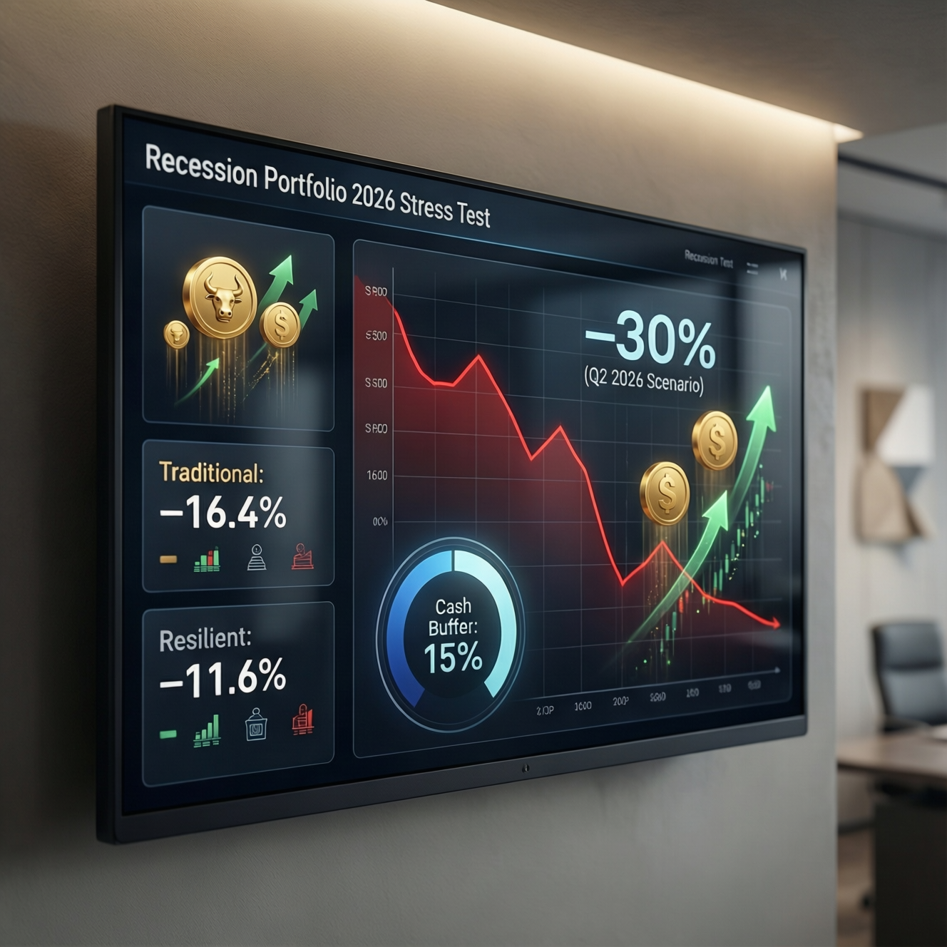 A modern digital dashboard displaying a real-time recession portfolio 2026 stress test, comparing losses in traditional vs. resilient strategies during a simulated Q2 2026 economic downturn.