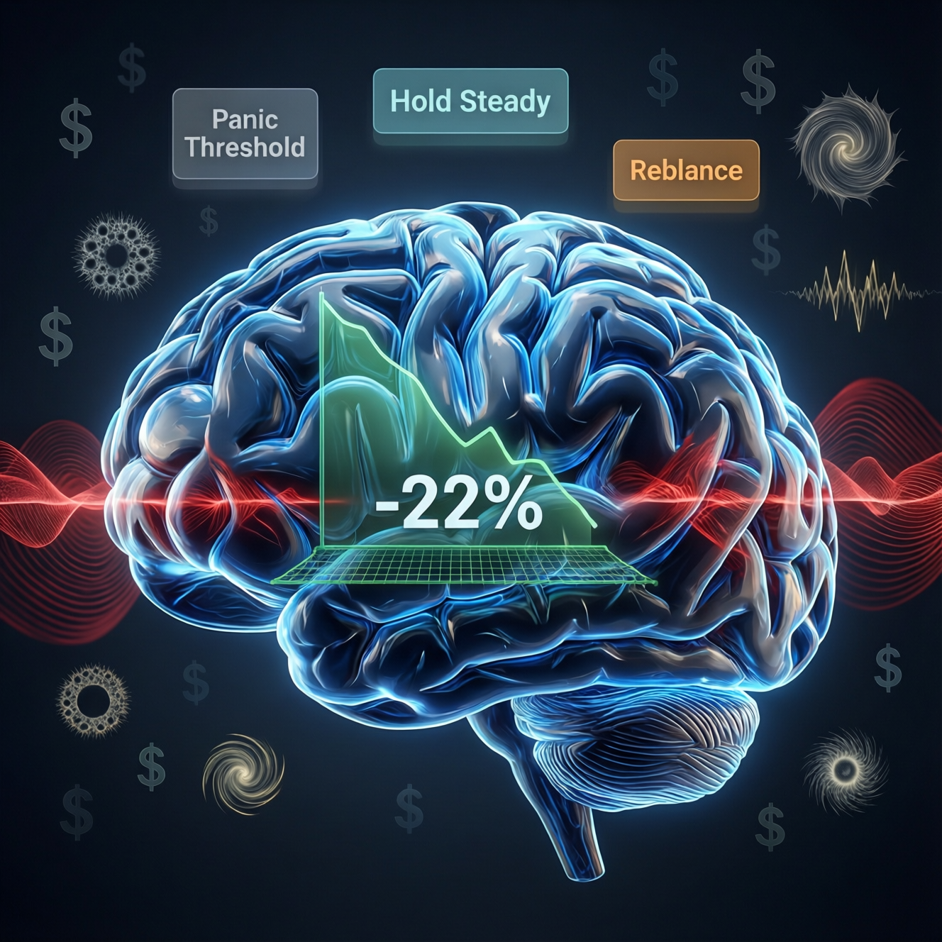 Maximum drawdown tolerance calculator infographic showing a 3D financial chart plunging to -22% emerging from a glowing human brain, with a green safety net at the bottom and red stress waves on a dark fintech background — visualizing emotional risk limits for investors.real