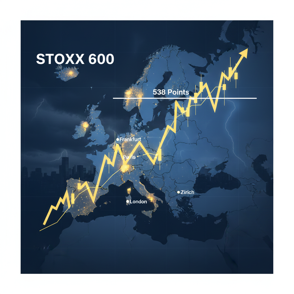 STOXX 600 record high ,chart showing European stock market rally amid US market disruption in 2026