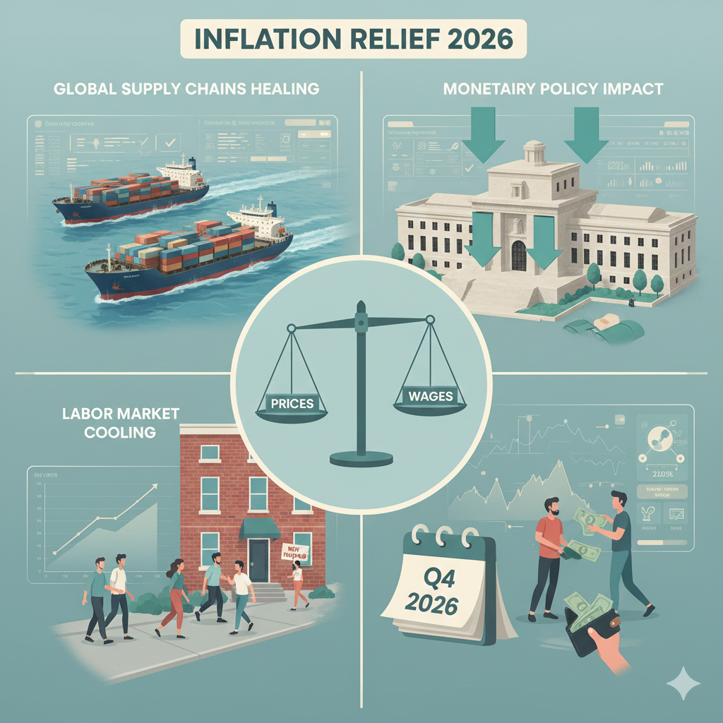Inflation relief 2026 visual: Three market forces — supply chain normalization, labor cooling, and monetary policy impact — converge to lower prices, as shown in cinematic financial illustration.