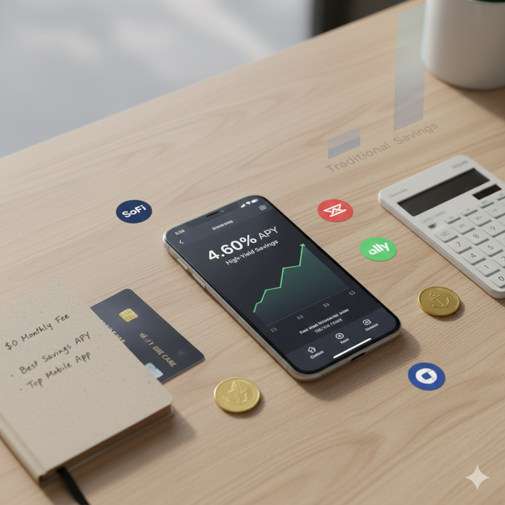 Visual comparison of the best banks in the US for 2026 showing high-yield savings rates, zero-fee checking, and top mobile banking apps on a modern desk.