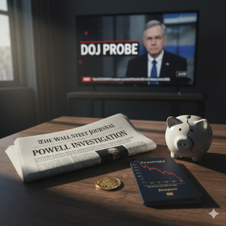Powell investigation 2026: Editorial image showing market crisis impact on personal savings with Wall Street Journal, falling stock chart, and DOJ probe references.