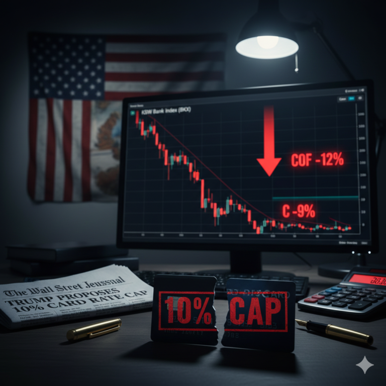 Trump 10 percent credit card interest rate cap: Editorial image showing a broken credit card, plunging bank stocks, and financial market turmoil triggered by the proposed federal interest rate cap.