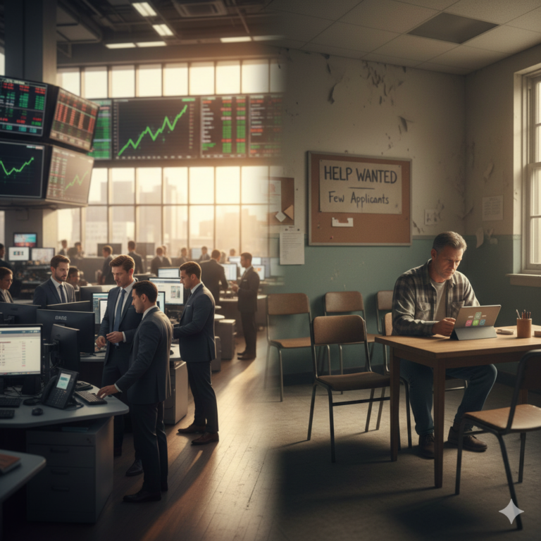 Split-image showing the S&P 500 record highs jobs gap in 2026: Wall Street prosperity on one side, stagnant job market and missing workers on the other.