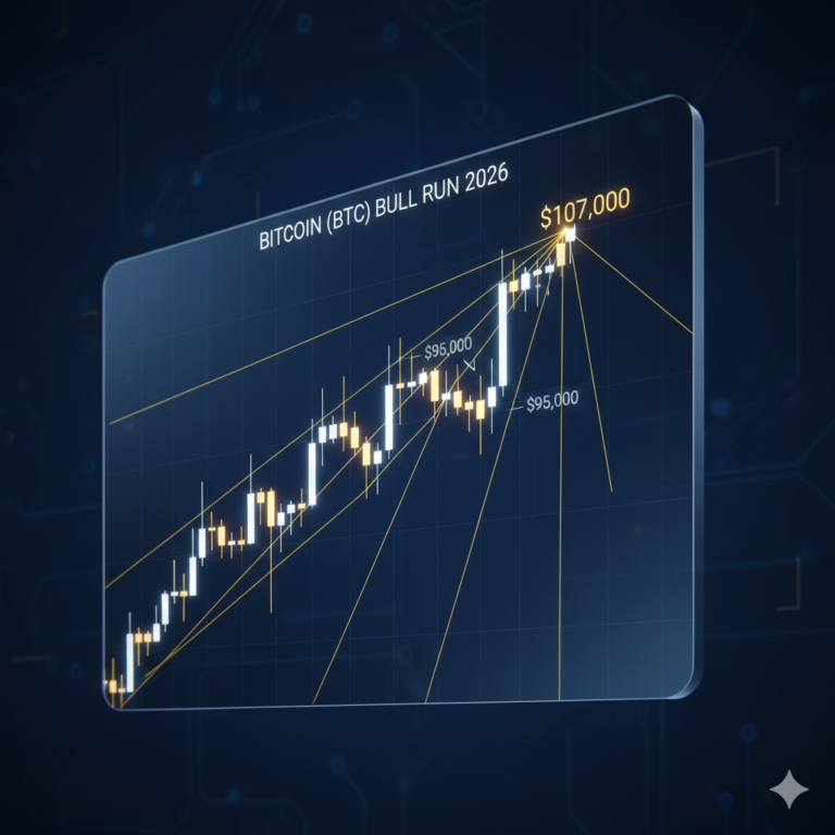 Bitcoin forecast chart showing BTC/USD price surge toward $107,000 target with technical indicators and Fibonacci levels.
