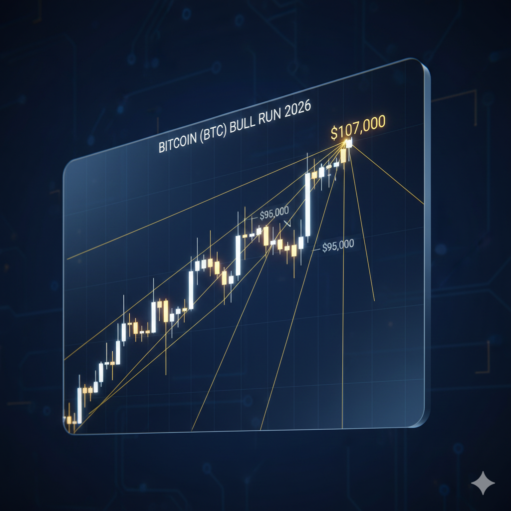 Bitcoin forecast chart showing BTC/USD price surge toward $107,000 target with technical indicators and Fibonacci levels.