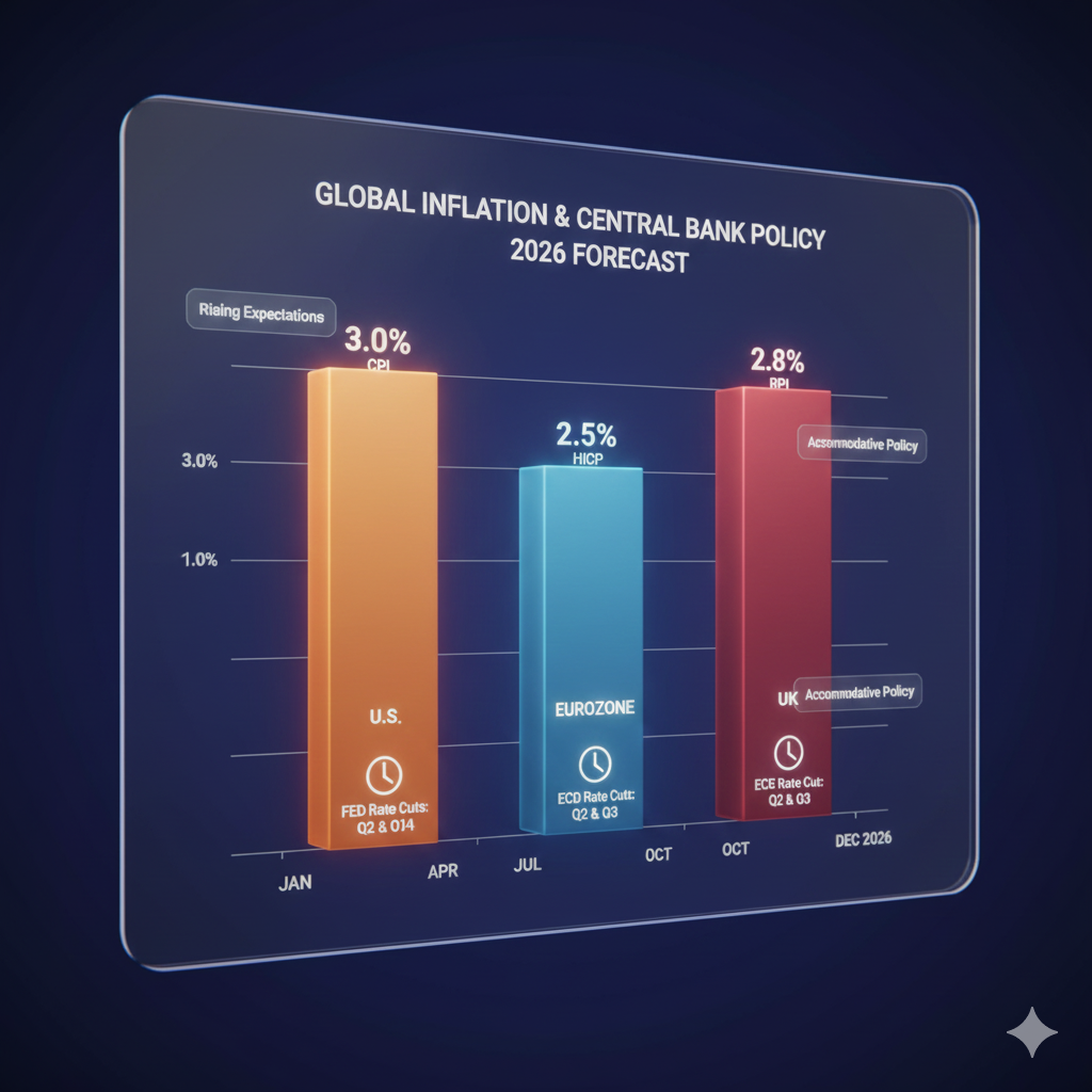 Graph showing rising inflation expectations 2026 across U.S., Eurozone, and UK, with central bank policy timelines.