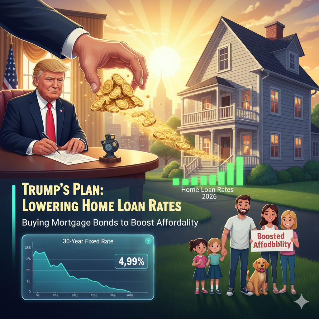 Illustration showing how Trump’s plan to buy mortgage bonds could lower home loan rates and boost affordability for American families in 2026.trump mortgage bonds plan
