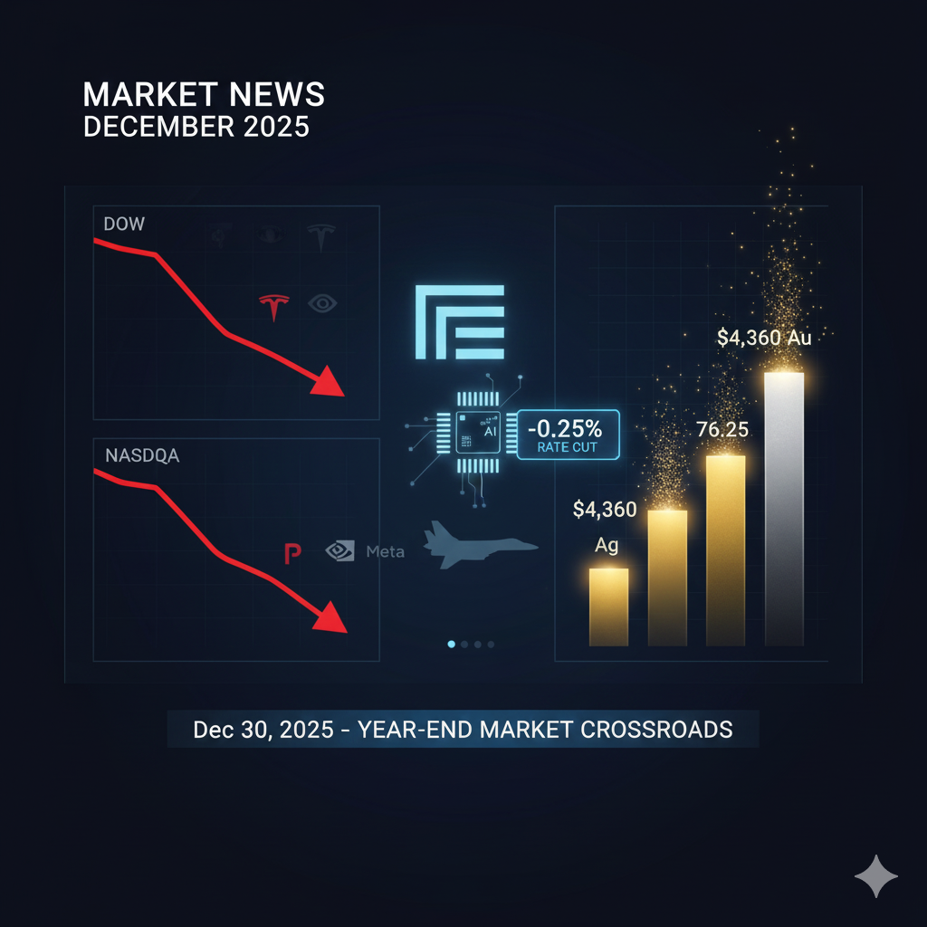 Market news December 2025 featured image showing falling stock indexes, surging gold at $4,360/oz, Fed rate cut signal, and AI/defense sector highlights on a dark financial dashboard.