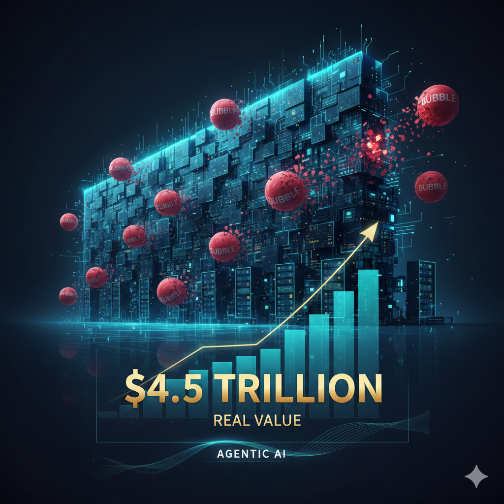 AI bubble is overblown: Futuristic data center with floating "BUBBLE" spheres, upward growth chart showing $4.5 trillion in real value — proving AI’s economic foundation is solid, not speculative.