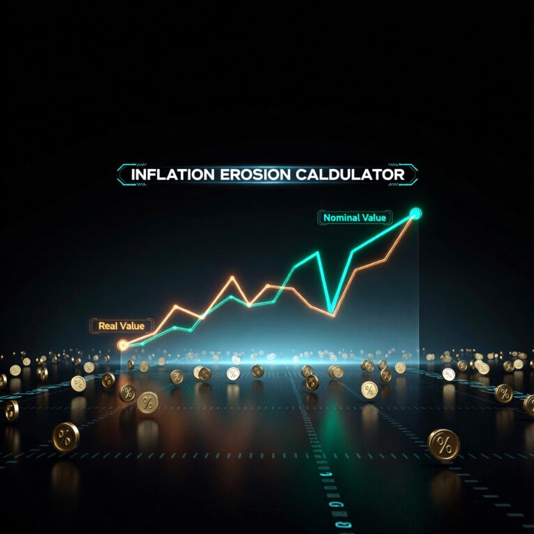 Inflation Erosion Calculator visual showing Nominal Value (green) vs. Real Value (gold) over time — reveals how inflation silently reduces your investment gains. Coins and % symbols enhance financial context.