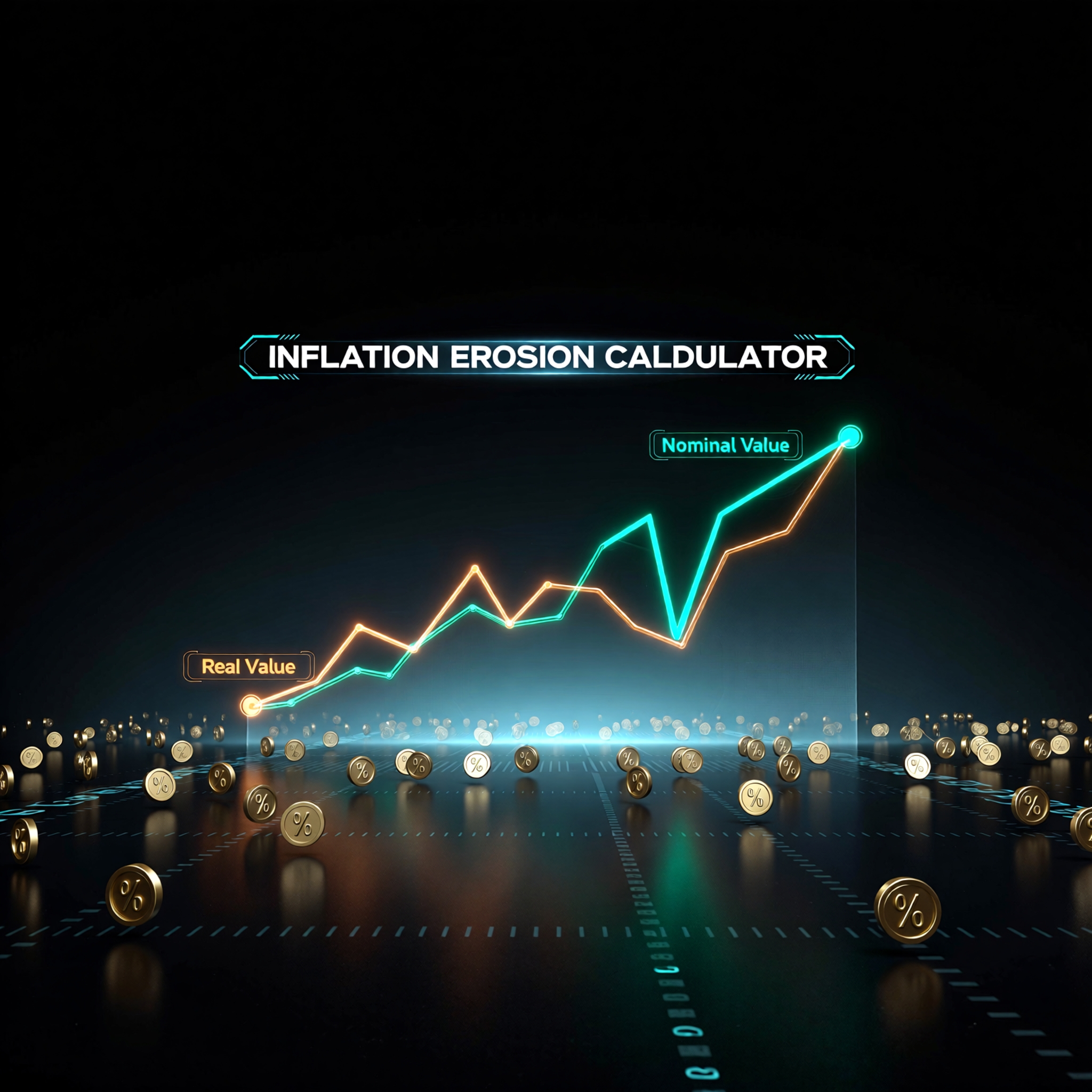Inflation Erosion Calculator visual showing Nominal Value (green) vs. Real Value (gold) over time — reveals how inflation silently reduces your investment gains. Coins and % symbols enhance financial context.