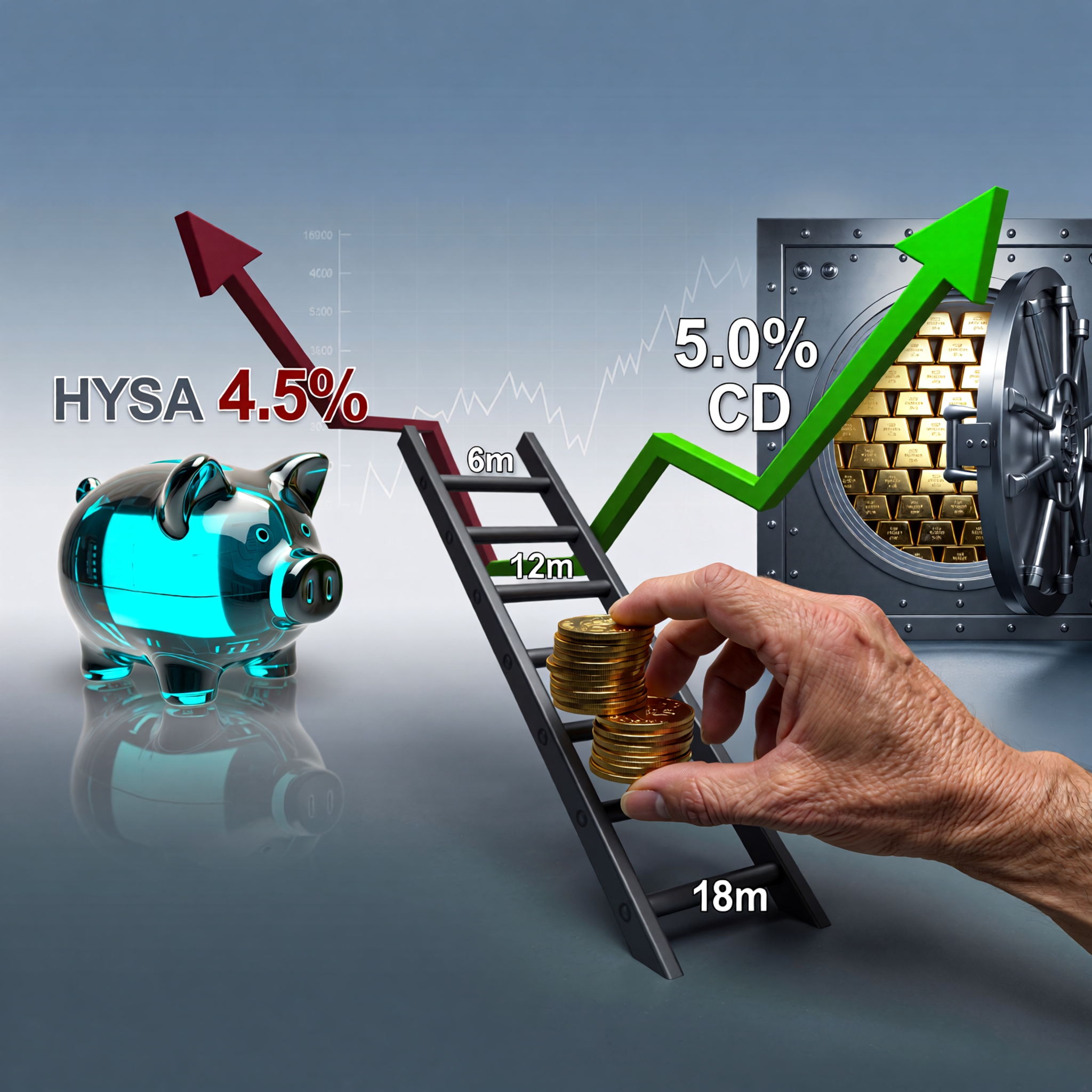 CD pivot 2026 strategy illustration: moving savings from a falling high-yield savings account into a ladder of Certificates of Deposit to lock in 5%+ yields before Federal Reserve rate cuts in 2026.