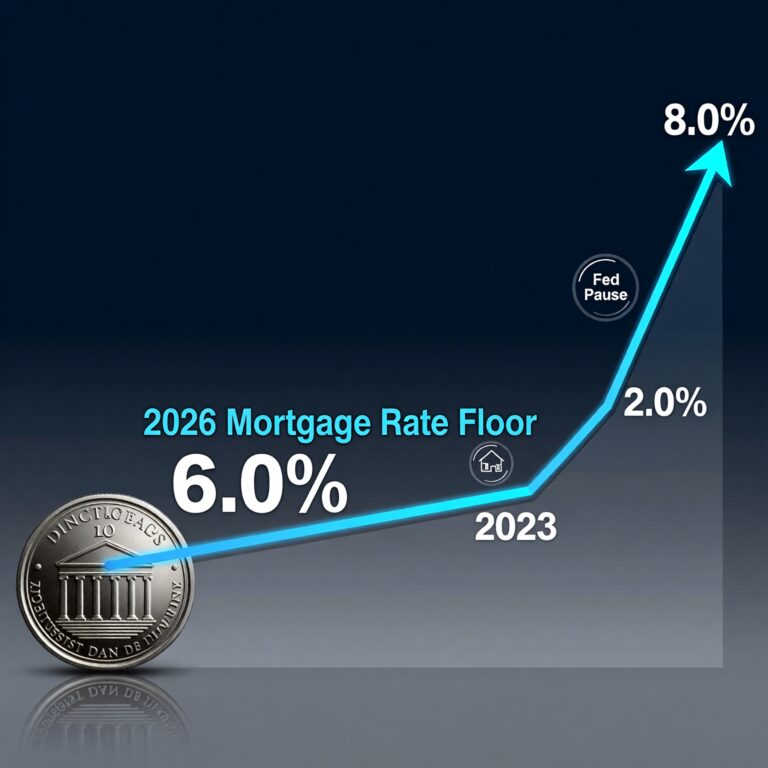 Data visualization showing mortgage rates 2026 stabilizing at a 6.0% floor following the Federal Reserve's policy pause, with a trend line declining from 8% in 2023 to 6% in early 2026.
