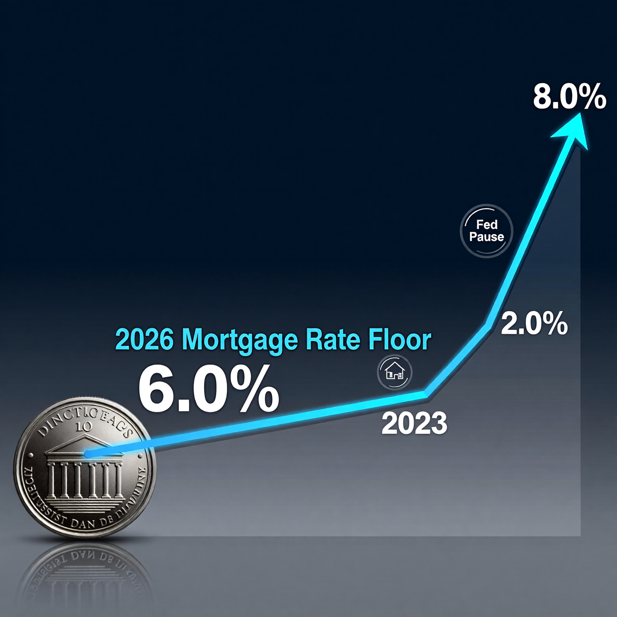 Data visualization showing mortgage rates 2026 stabilizing at a 6.0% floor following the Federal Reserve's policy pause, with a trend line declining from 8% in 2023 to 6% in early 2026.