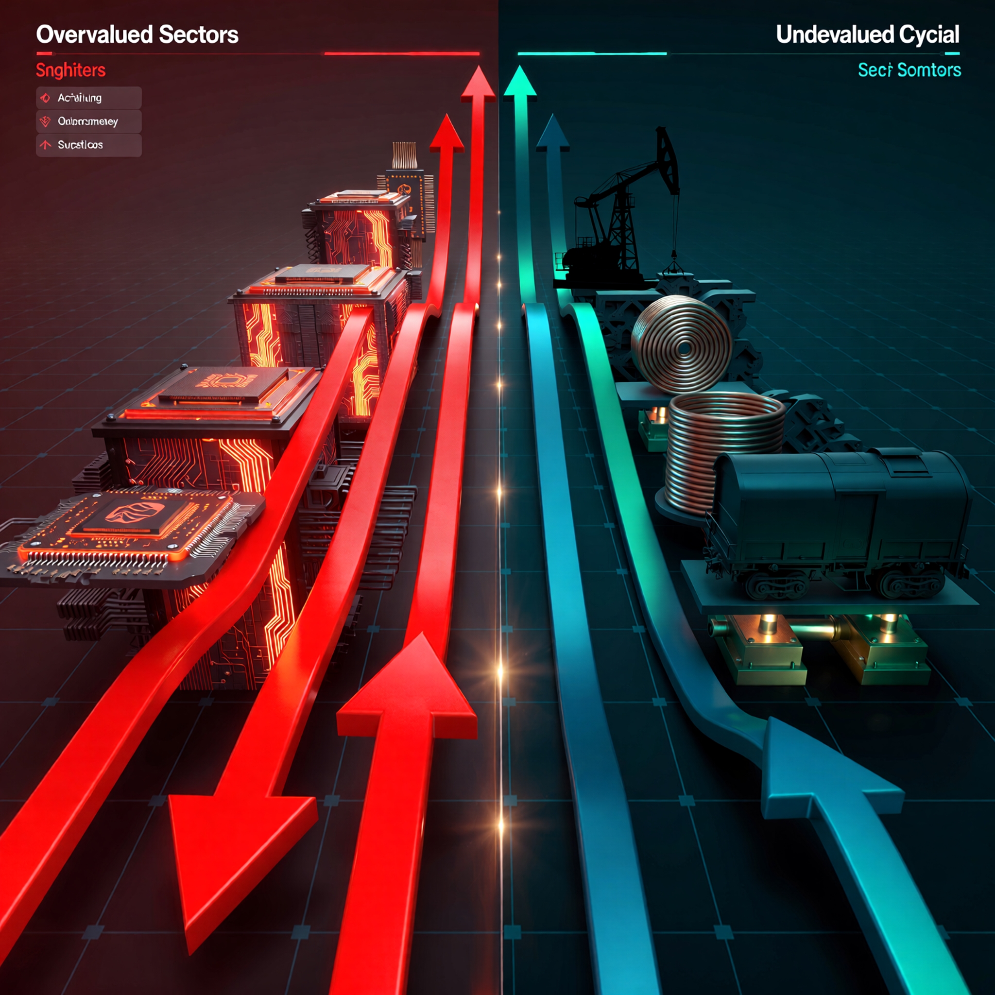 Chart showing investor ai stock rotation 2026 from overvalued AI hardware stocks like NVIDIA into undervalued cyclical sectors such as Energy, Industrials, and Materials in early 2026
