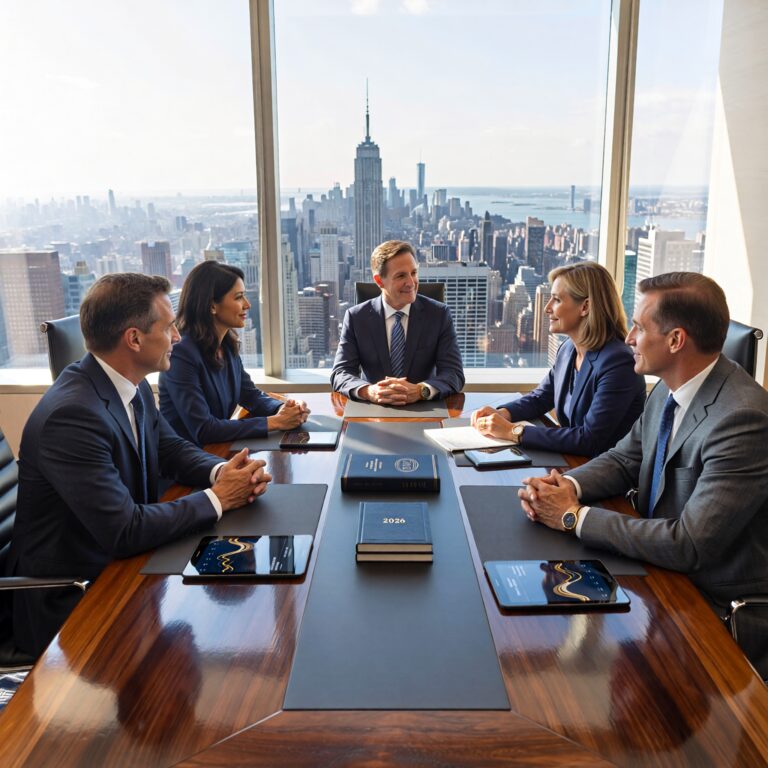 Top financial planners in the U.S. meet in a high-rise office overlooking New York City skyline, reviewing 2026 investment strategies and fiduciary reports.