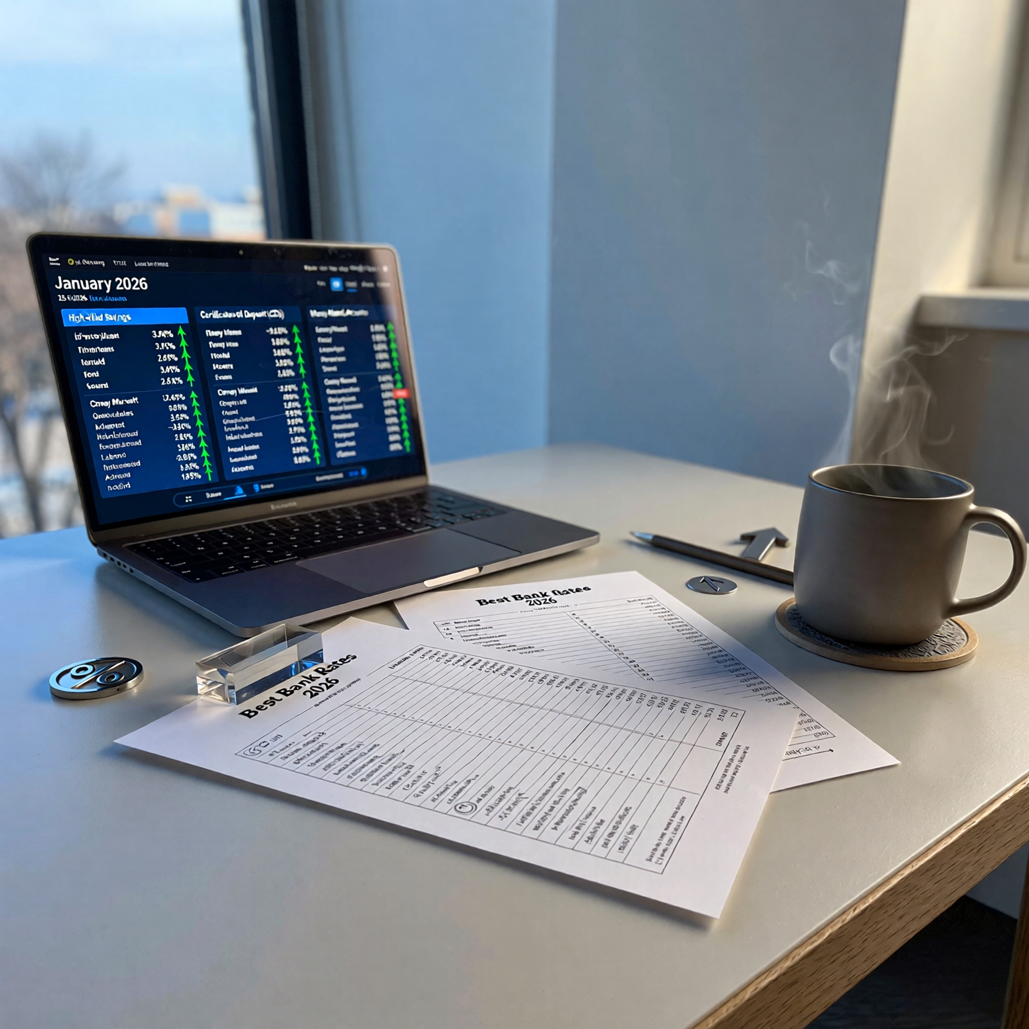 A clean, professional desk setup in January 2026 featuring a laptop displaying a comparison of the best bank rates 2026 for savings accounts, CDs, and money market accounts, alongside a printed "Best Bank Rates 2026" checklist and a January calendar—illustrating smart rate research for maximum yield.