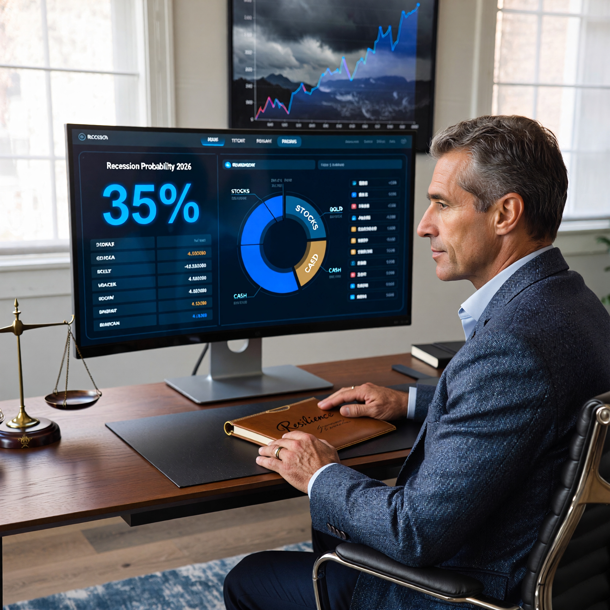 A realistic depiction of a calm investor reviewing a resilient portfolio during economic uncertainty in 2026, with visual elements representing recession risk (35% gauge), diversified assets, and financial resilience—illustrating strategies to navigate the recession probability 2026.
