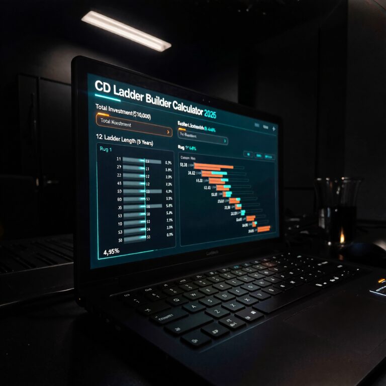 Yieldoom dark-themed interactive CD ladder calculator 2026 dashboard displaying annual interest rate projections and investment growth charts on a laptop screen.