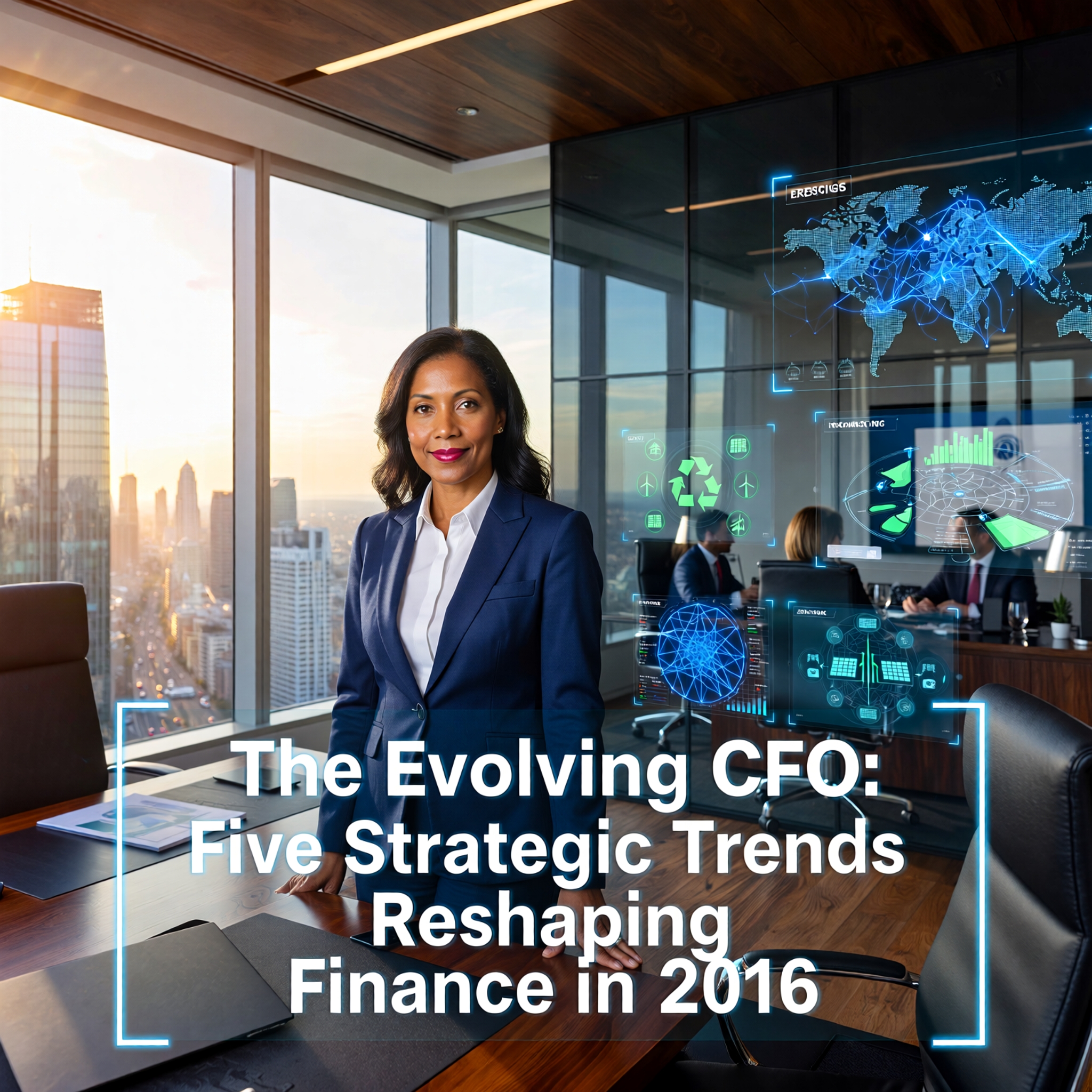Evolving CFO in a high-tech office environment, surrounded by AI-driven dashboards, ESG metrics, real-time financial data, and global team collaboration—visualizing the five strategic finance trends 2026 reshaping finance.