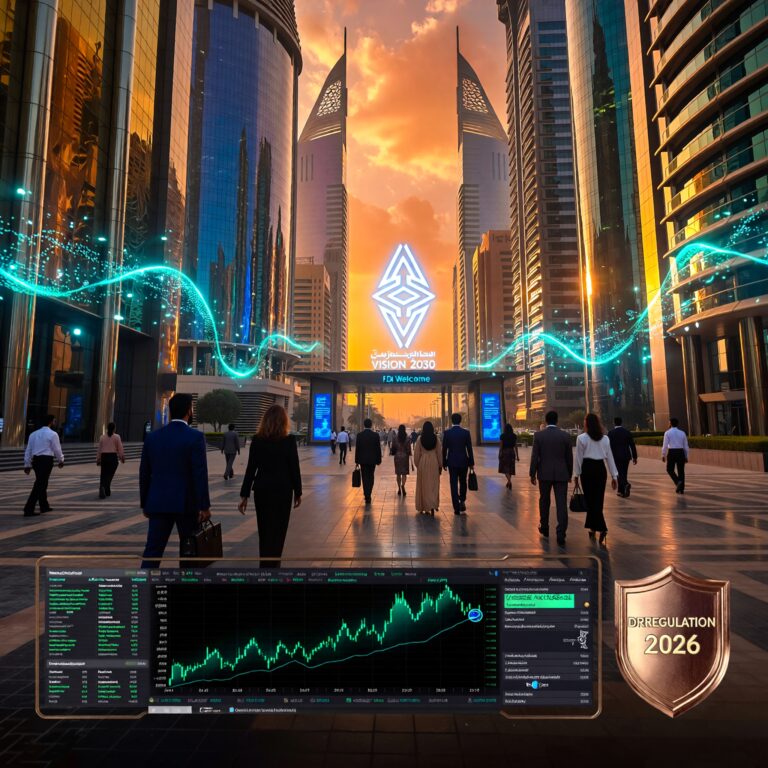 Saudi Arabia financial markets deregulation visualization: futuristic Riyadh skyline with digital data streams, global investors entering an open FDI gateway, and Vision 2030 dashboard showing capital markets momentum and economic diversification.