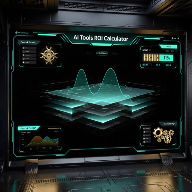 Futuristic AI Tools ROI Calculator dashboard showing 11% ROI, payback period, and annual savings with glowing teal data visualizations in a dark tech interface