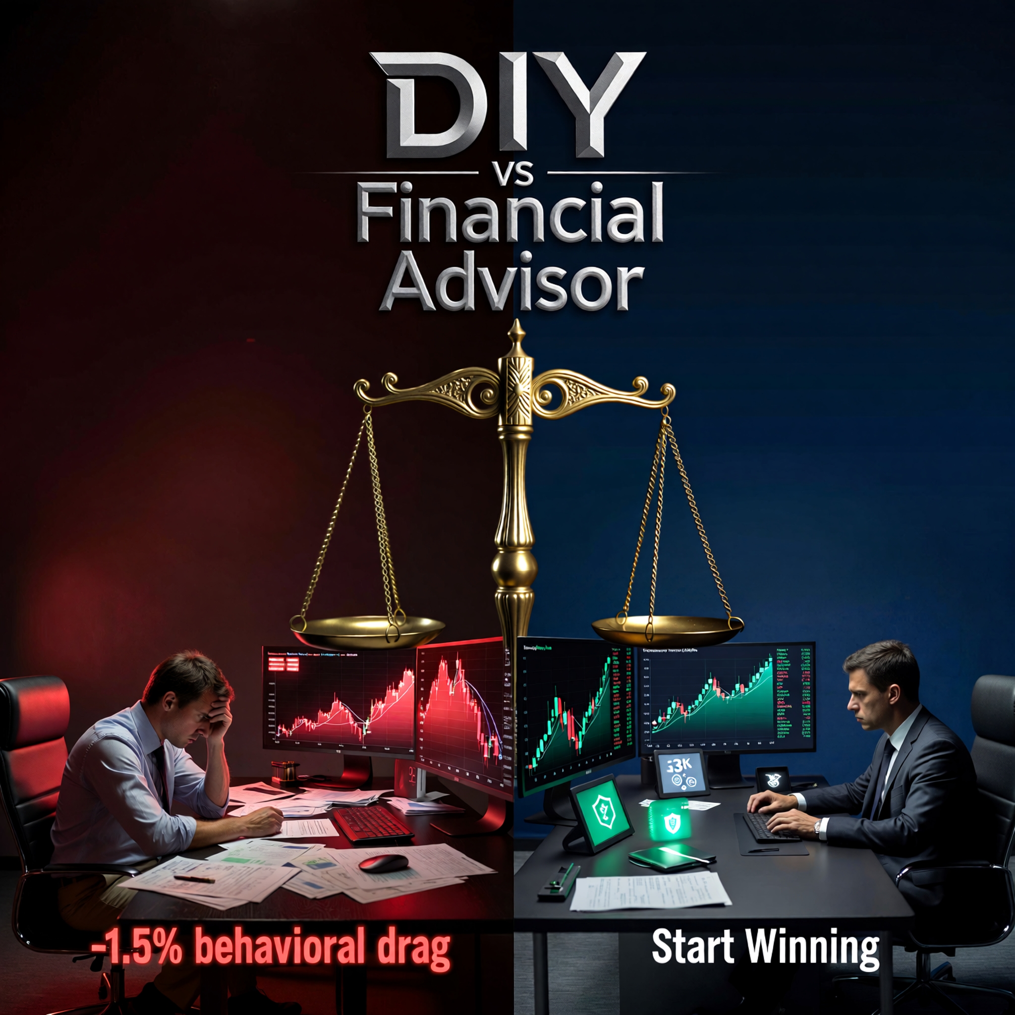 DIY vs financial advisor cost calculator visualization: split-screen 3D illustration comparing a stressed DIY investor experiencing behavioral drag (-1.5%) with a calm investor guided by a fiduciary advisor generating advisor alpha (+3%) on a dark fintech background.