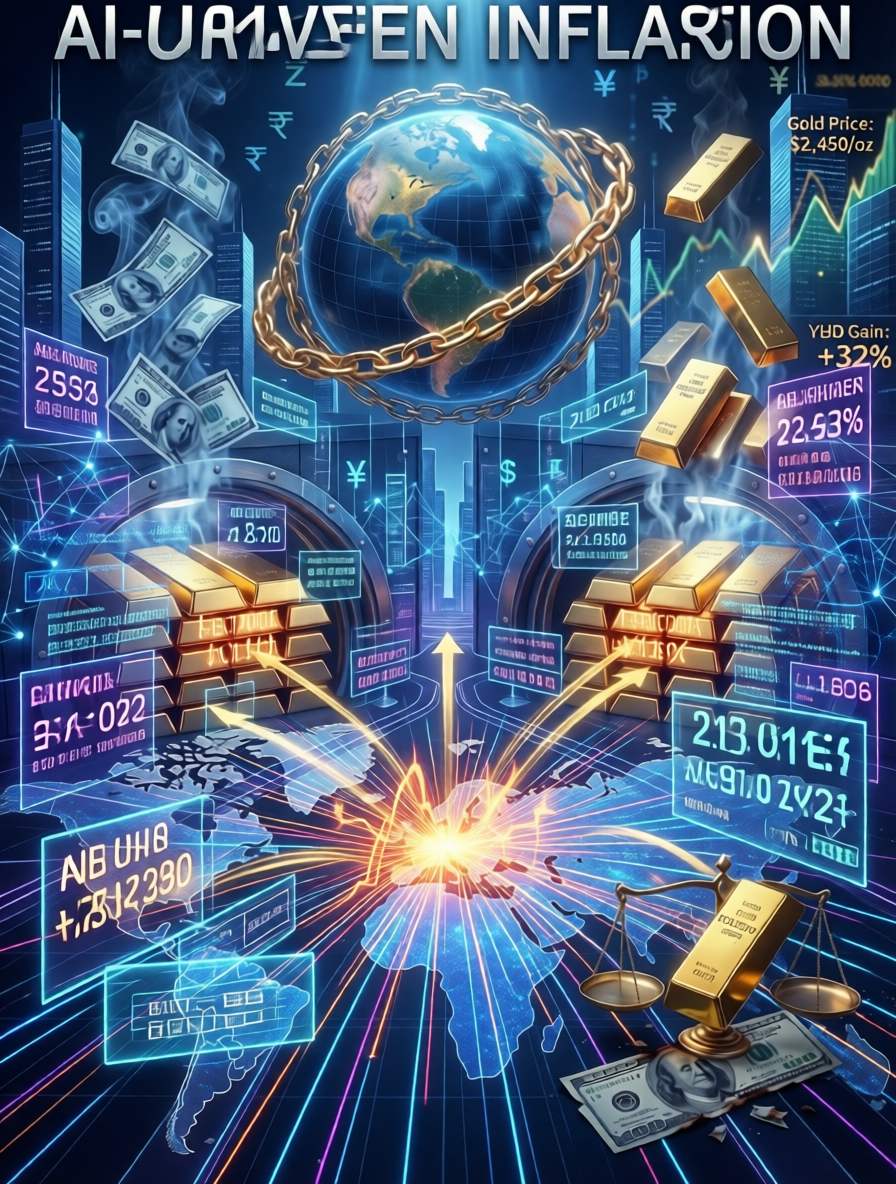 Conceptual illustration of AI inflation in 2026 showing dynamic digital pricing, neural networks, and rising costs in a futuristic cityscape