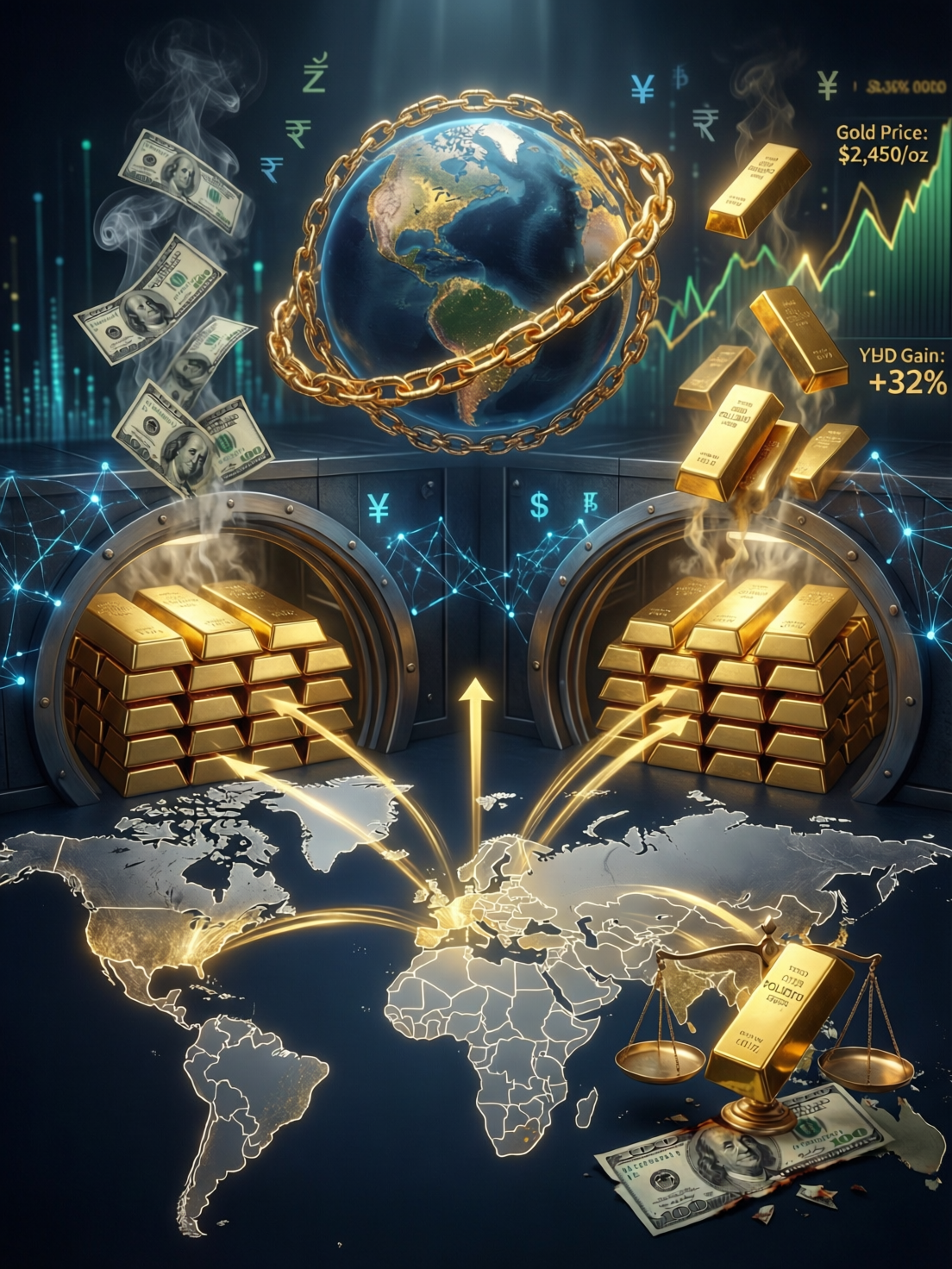 Central banks buying gold at record pace as dollar credibility fades — visual representation of global reserve diversification, gold accumulation, and declining U.S. dollar dominance in 2026.