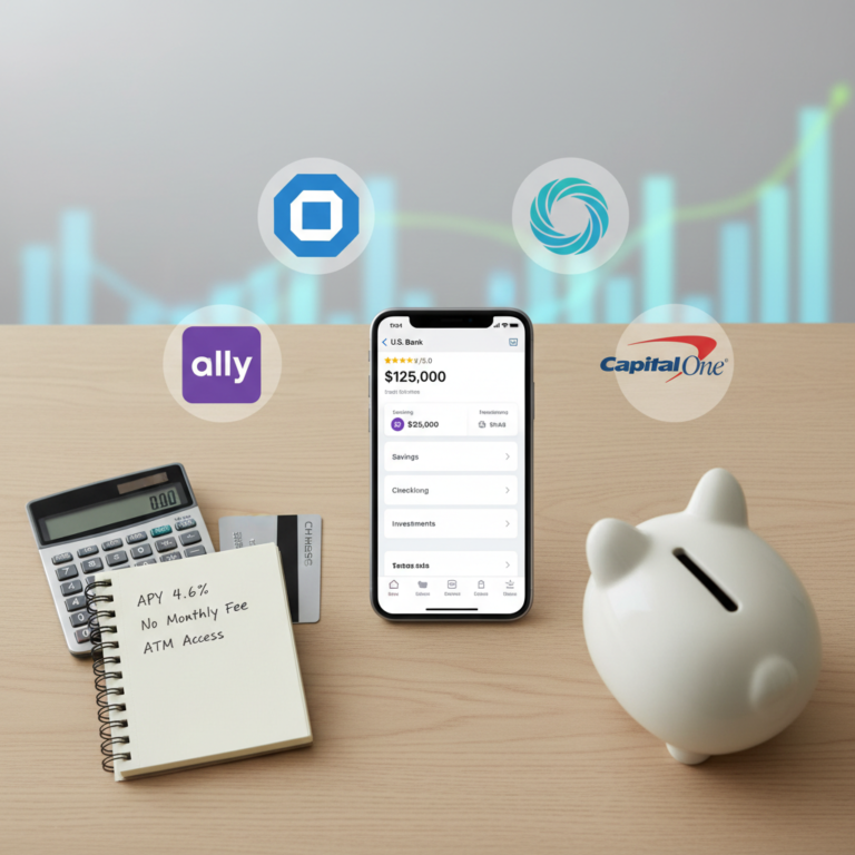Bank comparison in the US for 2026 showing top banking apps, interest rates, and financial tools on a modern desk