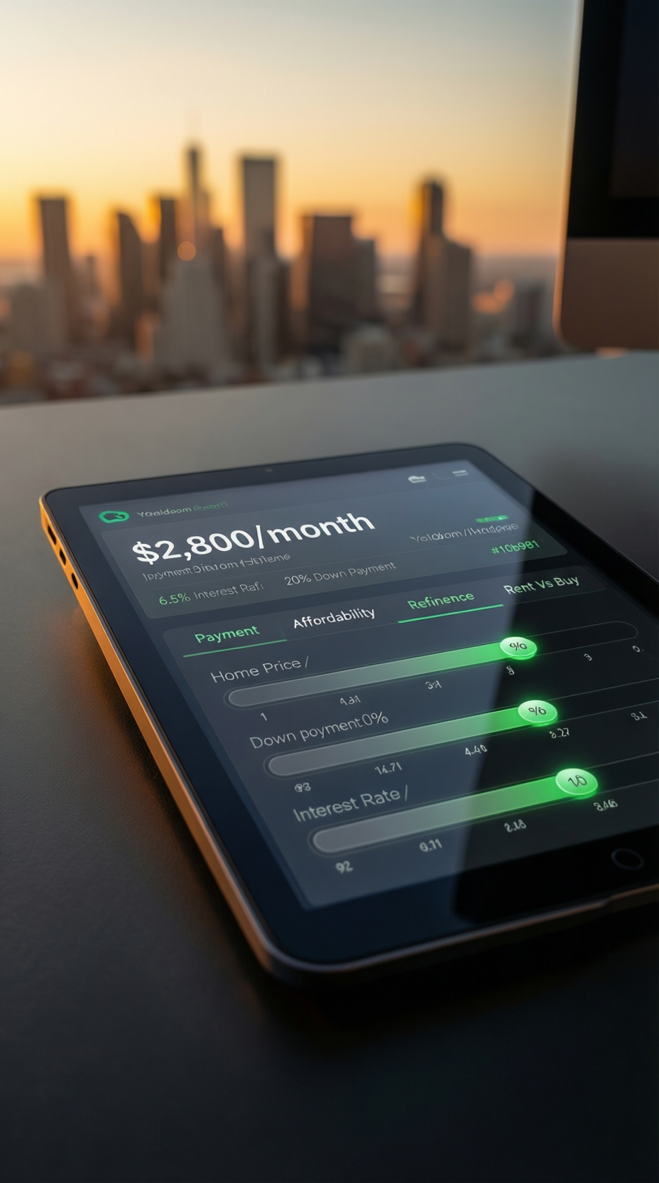 Mortgage calculator 2026 interface showing monthly payment breakdown, affordability analysis, and refinance tabs on dark finance dashboard with urban home background.