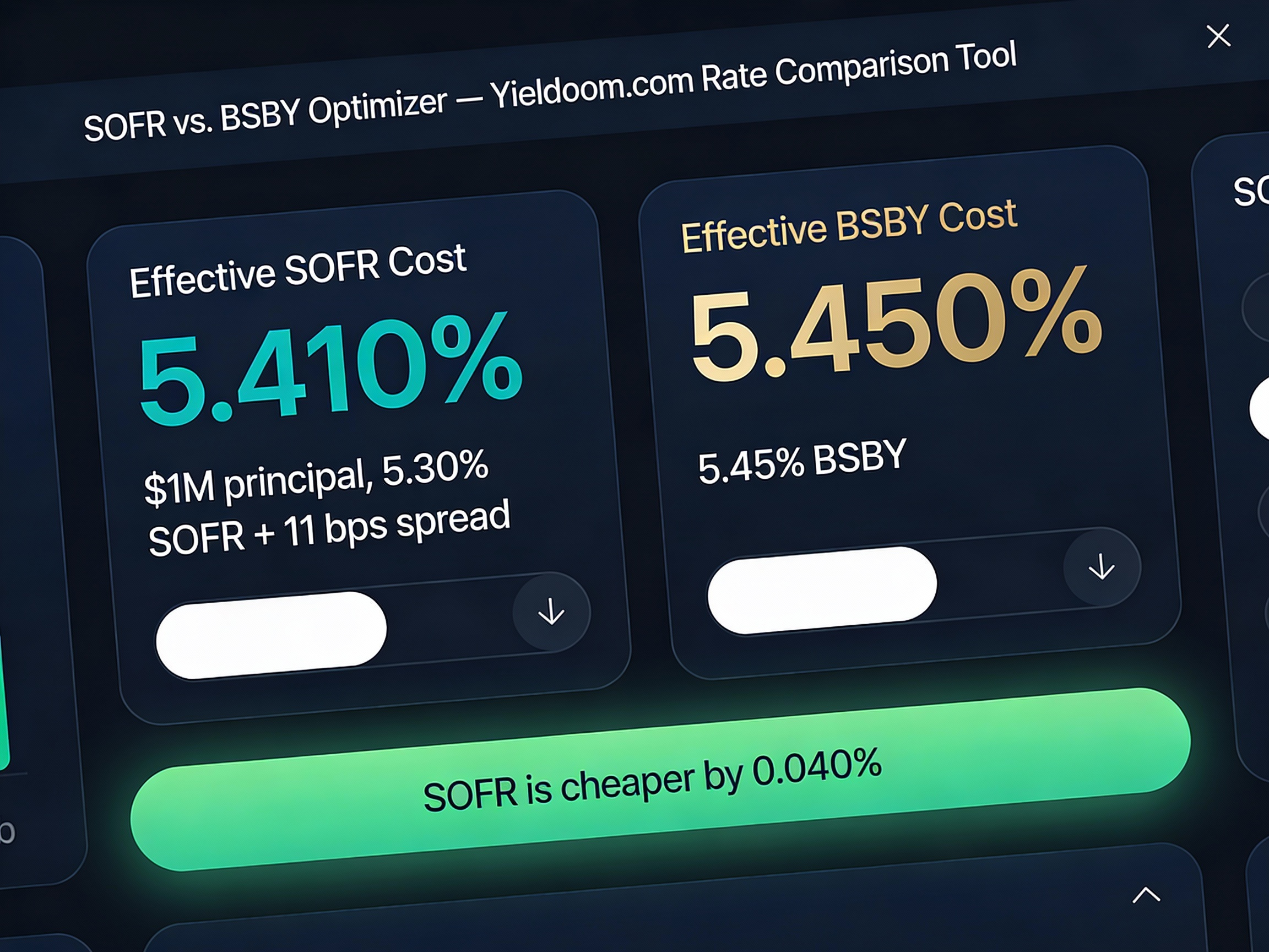 SOFR vs. BSBY Optimizer Calculator interface showing $1M principal, 5.30% SOFR + 11 bps spread vs. 5.45% BSBY — result: SOFR is cheaper by 0.040%. A powerful rate comparison tool for institutional cash managers.