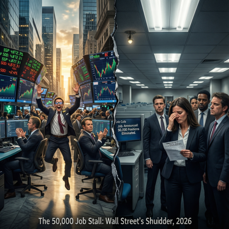 Split image showing Wall Street traders celebrating as S&P 500 rises, contrasted with anxious workers facing job cuts—symbolizing the 50000 job stall wall street labor shudder in 2026.