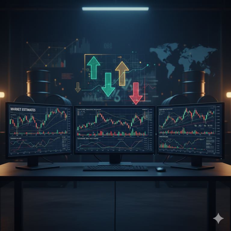 Financial analyst reviewing oil price charts and updated market estimates on multiple monitors with energy ETF data visible.