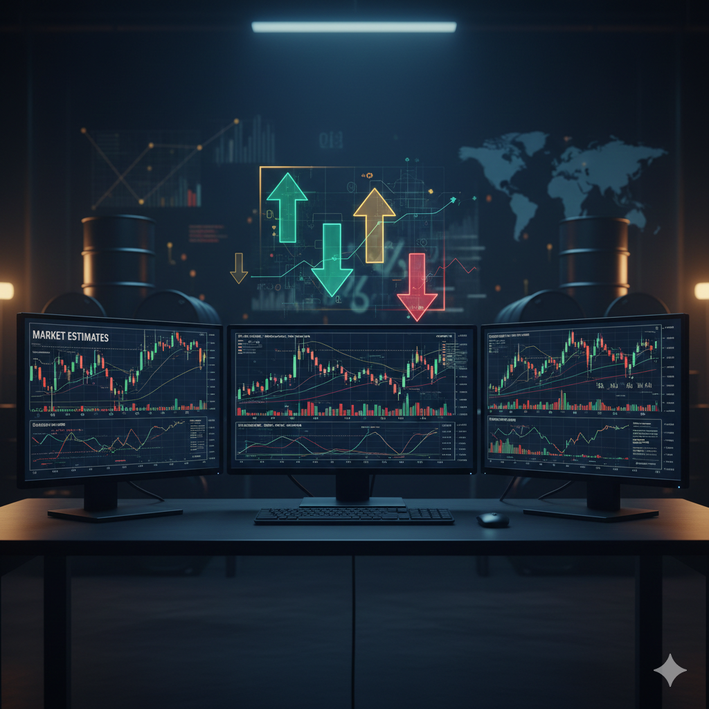 Financial analyst reviewing oil price charts and updated market estimates on multiple monitors with energy ETF data visible.