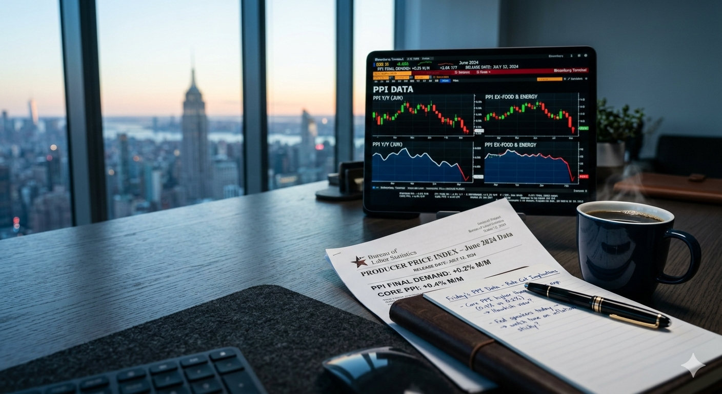 Friday's PPI Data displayed on a Bloomberg Terminal screen alongside a Bureau of Labor Statistics Producer Price Index report on a corporate desk, illustrating the critical inflation data that could influence Federal Reserve interest rate decisions.