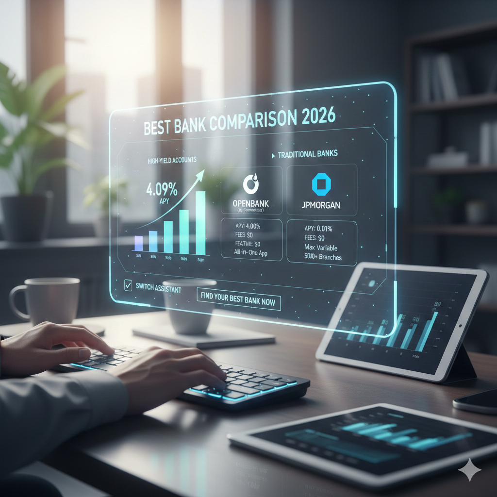 A comprehensive Best Bank Comparison 2026 infographic displaying APY rates and features of top digital and traditional banks