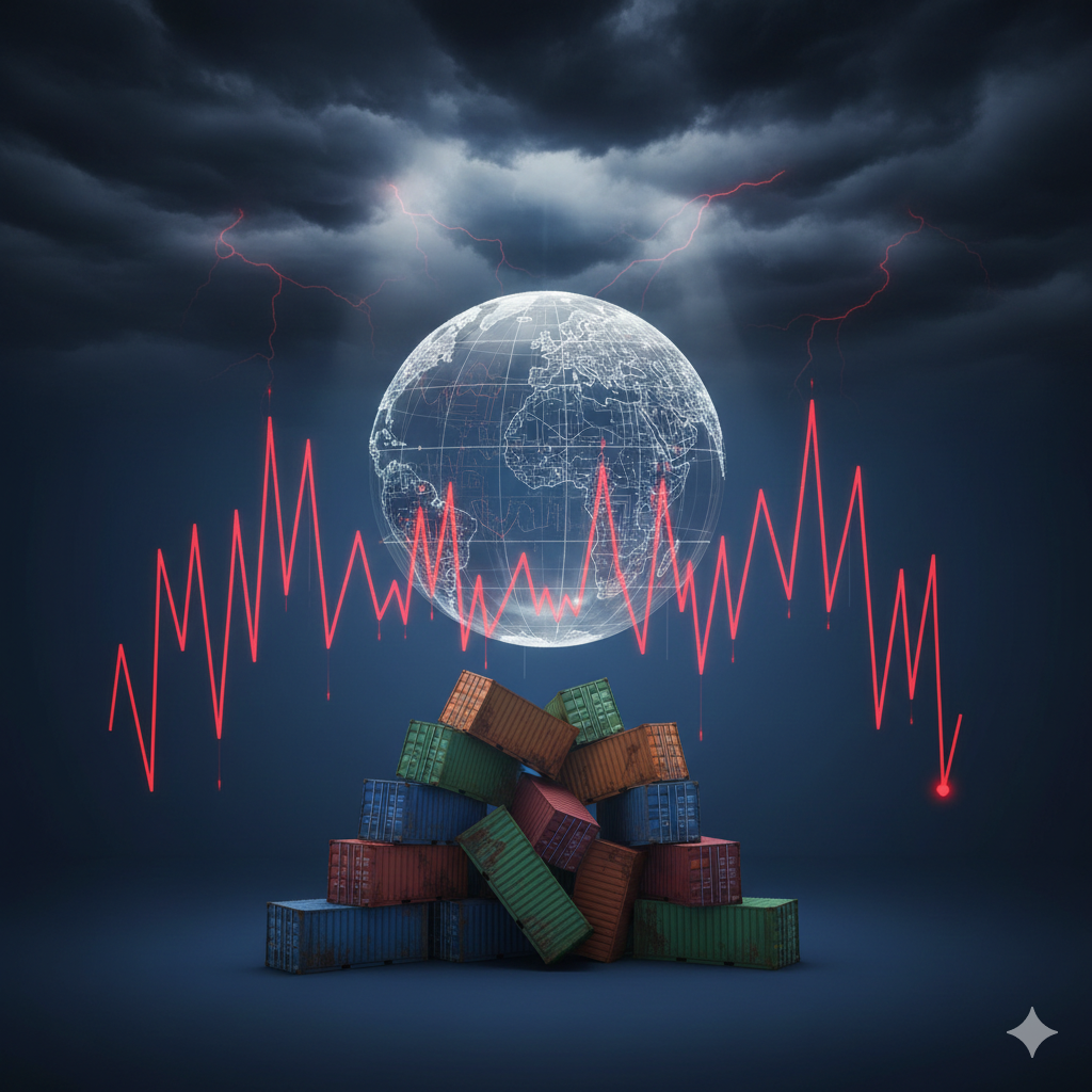 Conceptual illustration of the Global Economy facing tariff-induced inflation, featuring a globe surrounded by volatile financial charts and trade symbols